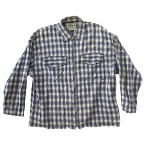 Vintage 90s At Last Large Blue Cream Plaid Zip-Up Flannel Shacket Jacket Utility